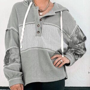 Fashion Waffle Print Patch Drawstring Hooded Long Sleeve Top